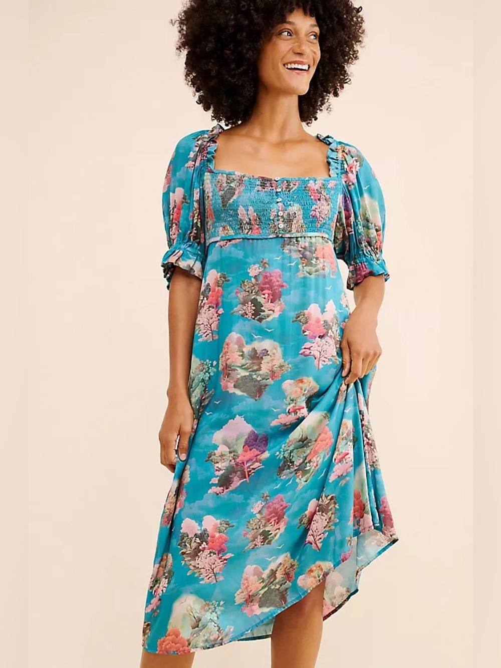 Anthropologie Teal Floral High-Low Midi Dress